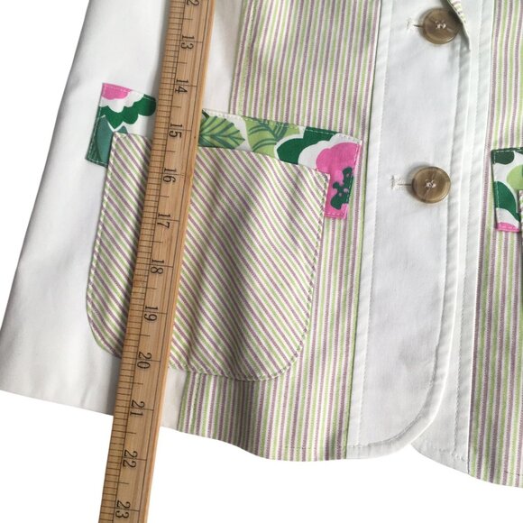 Harve Benard Blazer Jacket Womens 4 Green White Stripe Floral Cotton Two Button - Picture 8 of 12
